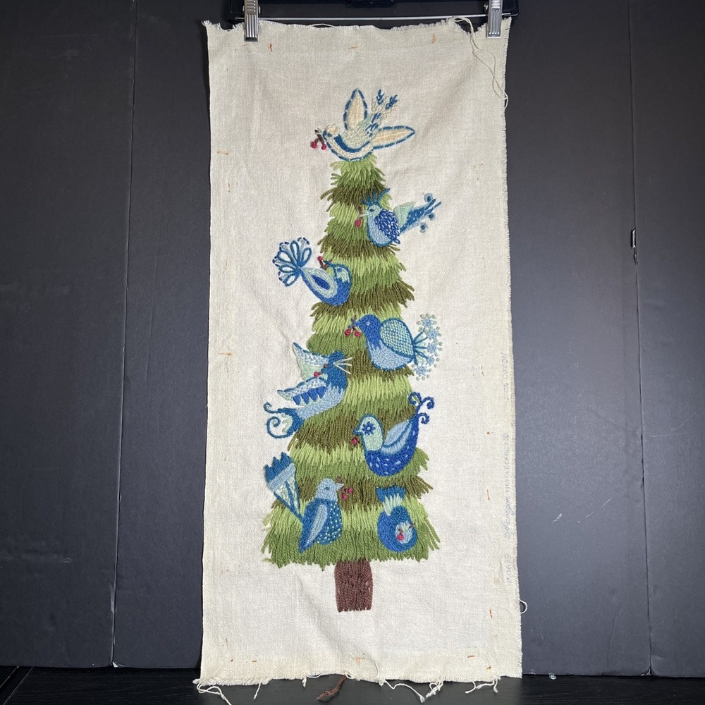 VTG Crewel Embroidery Bluebird Fir Christmas Holiday Tree MCM Completed